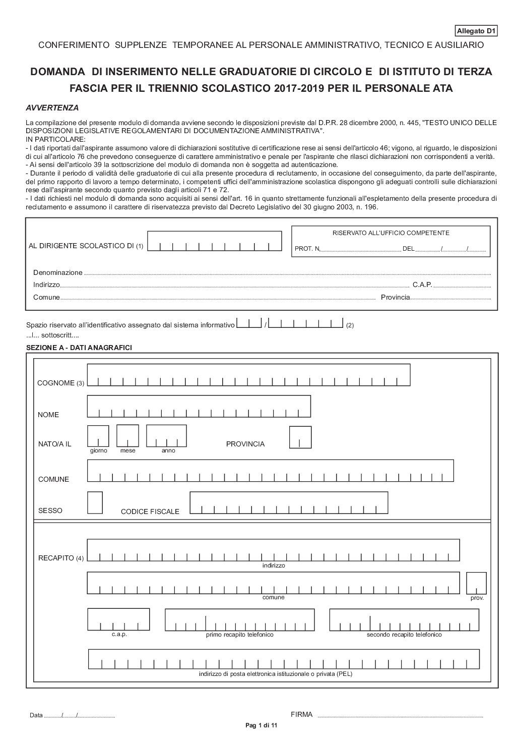 Modello Domanda Inserimento D1 Graduatorie Ata Terza Fascia